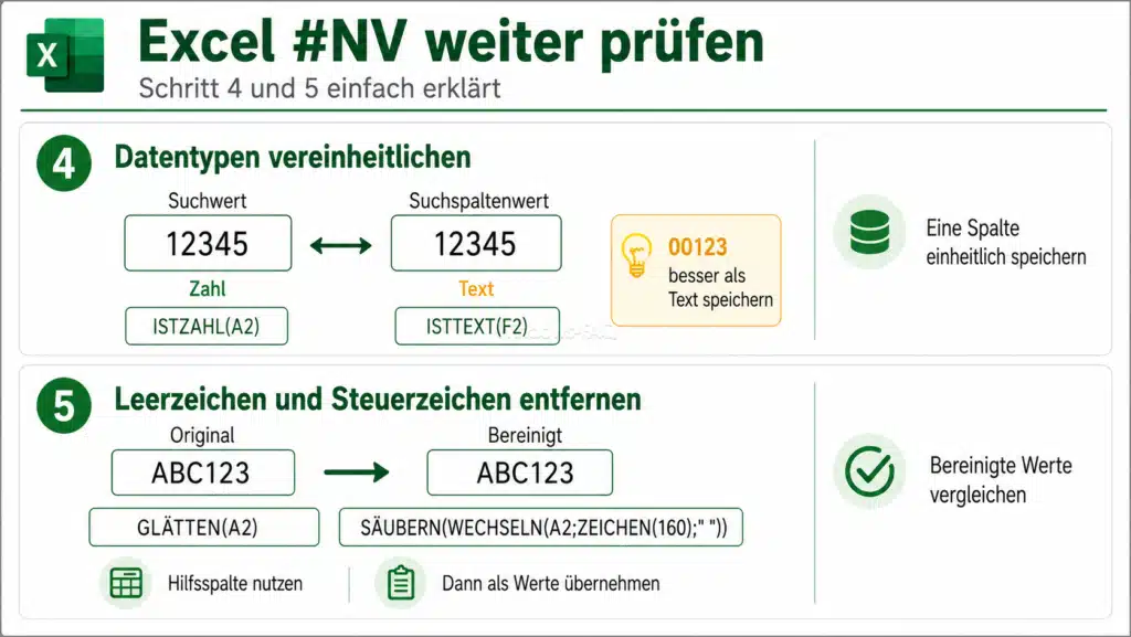 Excel #NV überprüfen und Datentypen vereinheitlichen, Leerzeichen und Steuerzeichen entfernen