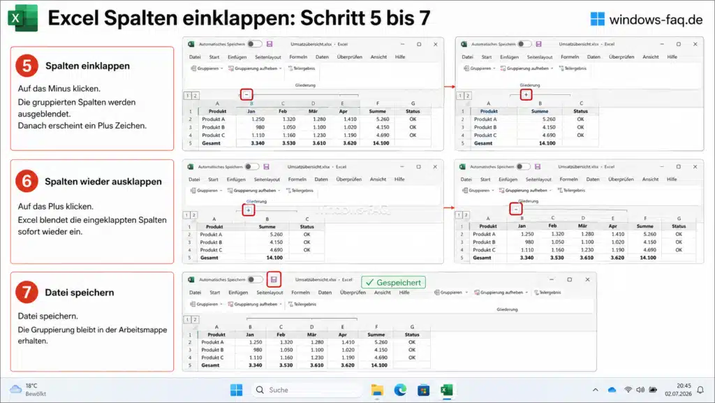 Excel Spalten einklappen und wieder ausklappen
