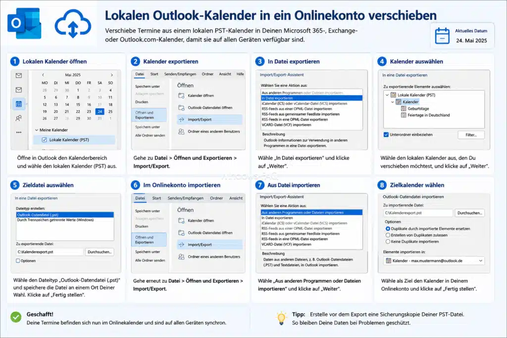 Lokalen Outlook-Kalender in ein Onlinekonto verschieben