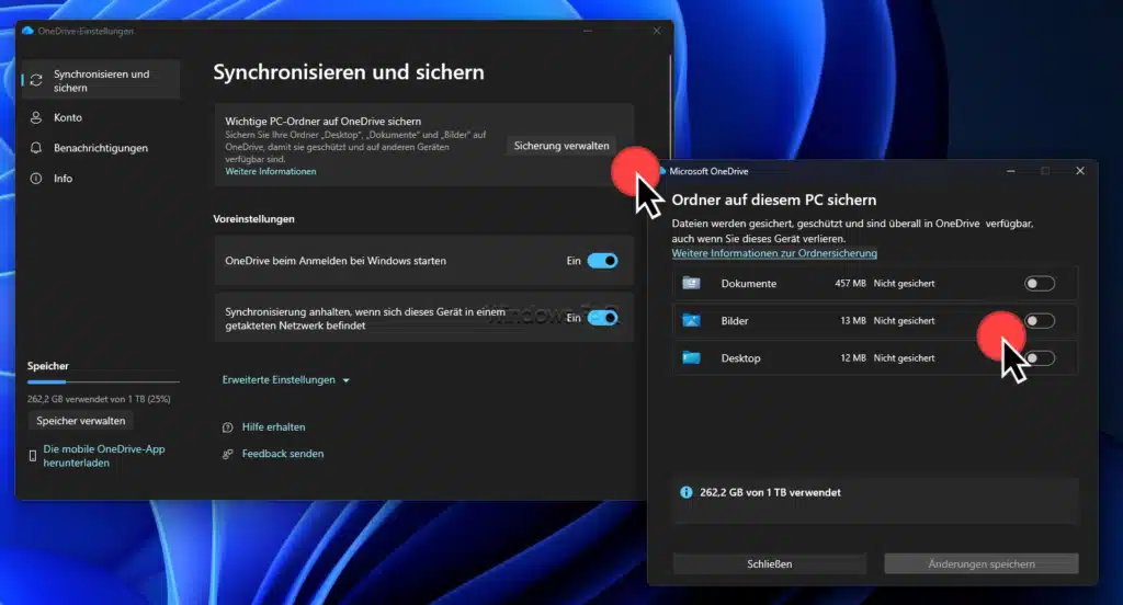 OneDrive Sicherung verwalten und Ordner aktivieren oder deaktivieren