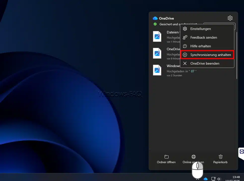 OneDrive Synchronisierung anhalten