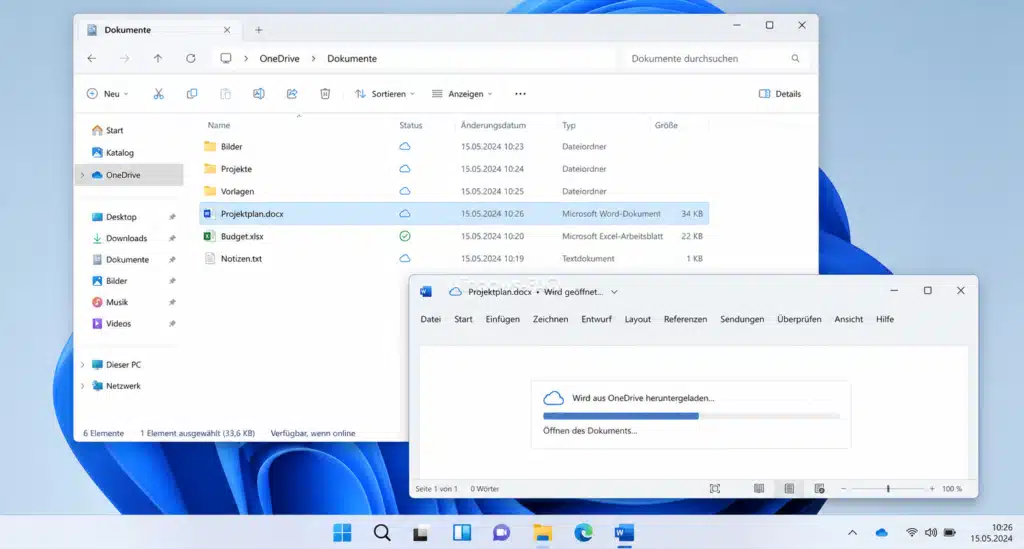 OneDrive Wolkensymbol im Windows Explorer und Öffnen einer OneDrive Datei
