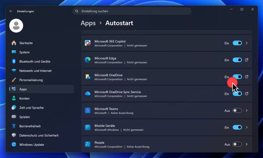 OneDrive deaktivieren Windows Einstellungen, Apps, Autostart ausschalten