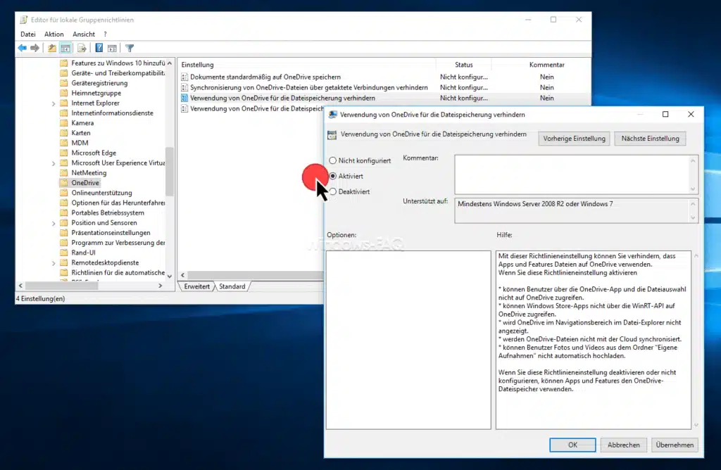 OneDrive deaktivieren per GPO - Verwendung von OneDrive für die Dateispeicherung verhindern