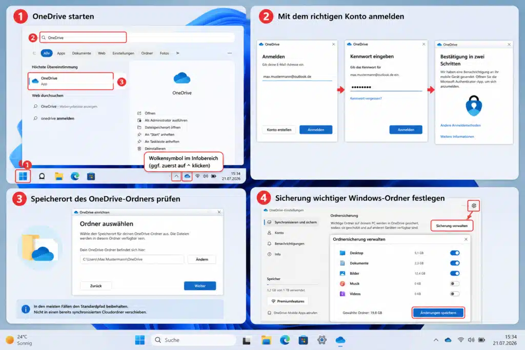 OneDrive unter Windows Schritt für Schritt einrichten OneDrive starten, anmelden, Speicherort festlegen und Ordner auswählen
