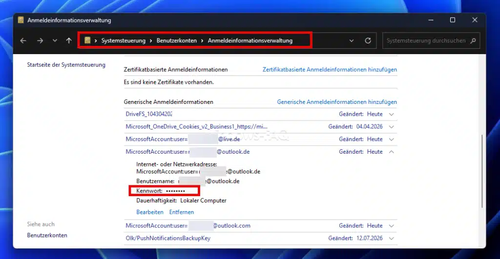Outlook Passwort hinterlegt in der Windows Anmeldeinformationsverwaltung