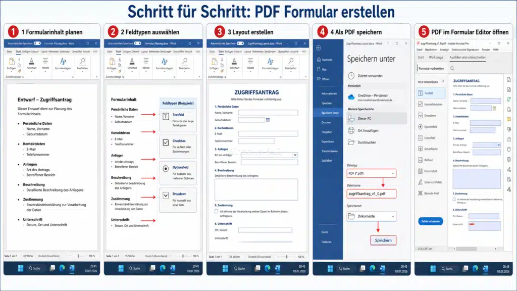 PDF Formular erstellen in Word - Formularinhalt, Feldtypen, Layout und als PDF speichern