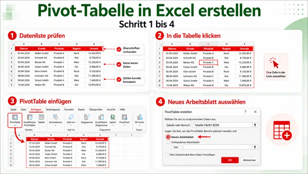 Pivot-Tabelle in Excel Datenliste prüfen, Tabelle einfügen
