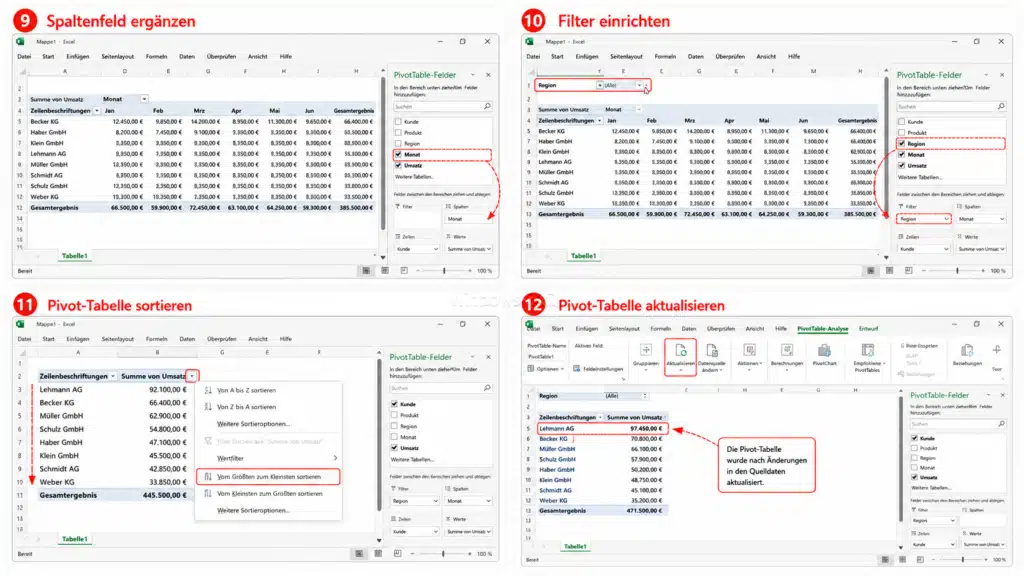 Pivot-Tabelle in Excel Spalte ergänzen, Filter einrichten, Sortieren und Aktualisieren