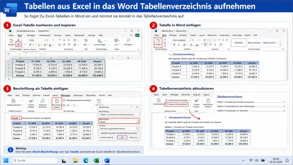 Tabellen aus Excel in das Word Tabellenverzeichnis aufnehmen