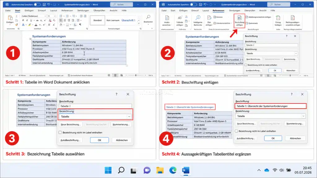 Tabellenverzeichnis Word erstellen, Beschriftung, Bezeichnung und Tabellentitel