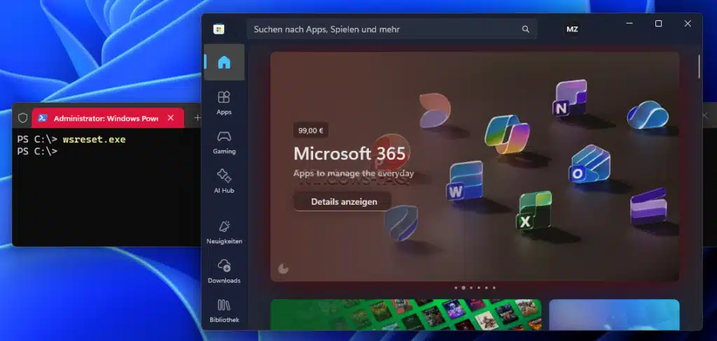 WSRESET - Zurücksetzen vom Microsoft Store