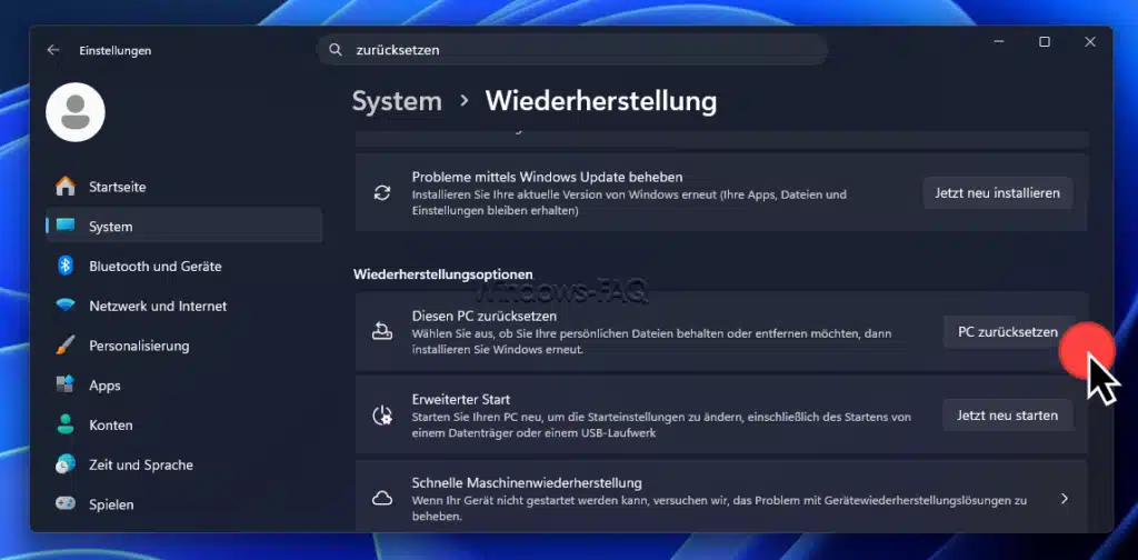 Windows neu installieren - Diesen PC zurücksetzen