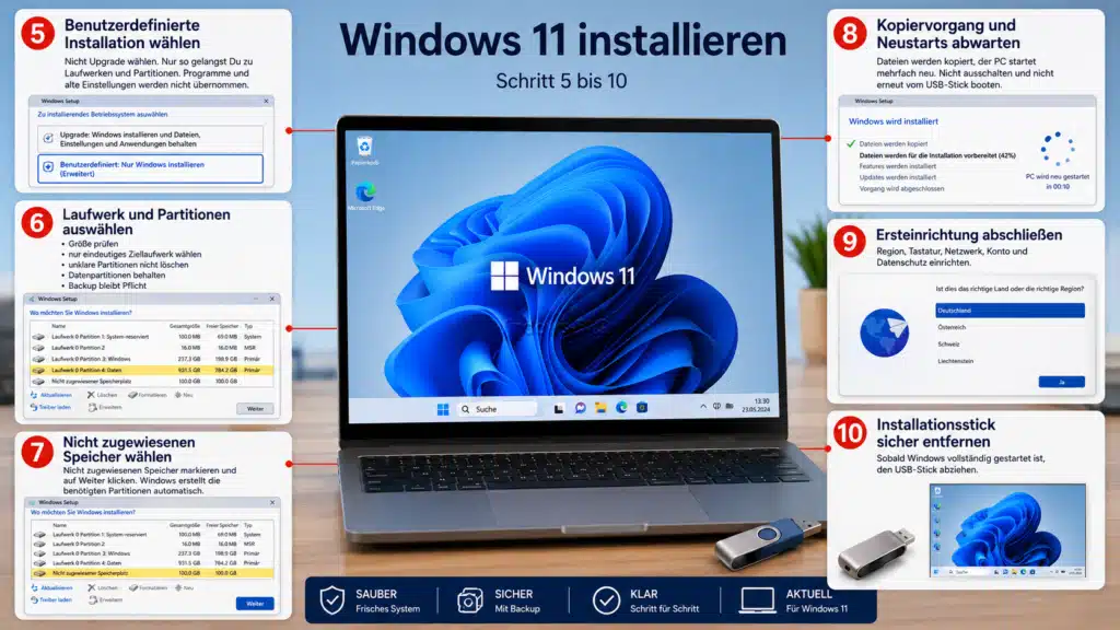Windows neu installieren - Laufwerk und Partition wählen, Installation abwarrten, Einrichtung abschließen