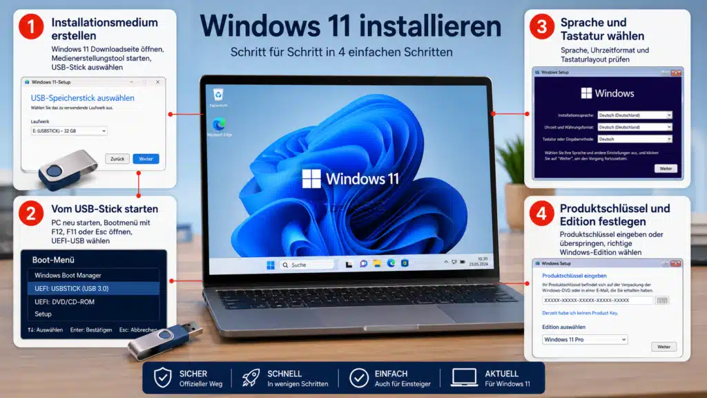 Windows neu installieren - USB Stick erstellen und davon booten, Sprache und Tastatur auswählen, Windows Key eingeben