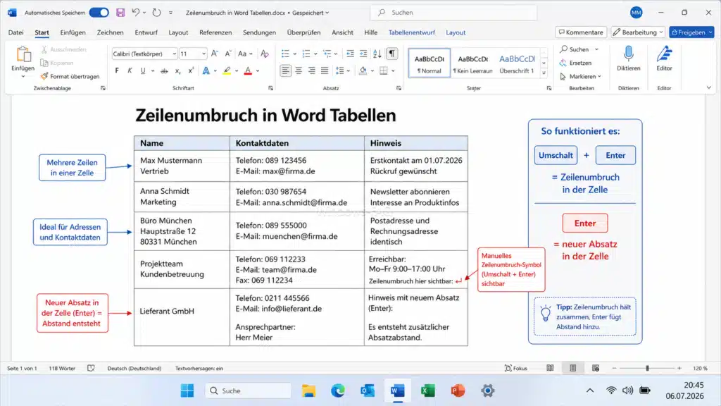 Zeilenumbruch in Word Tabellen