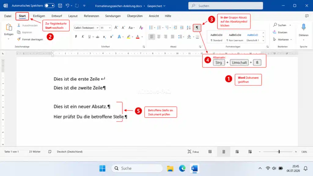Zeilenumbruch in Word sichtbar machen