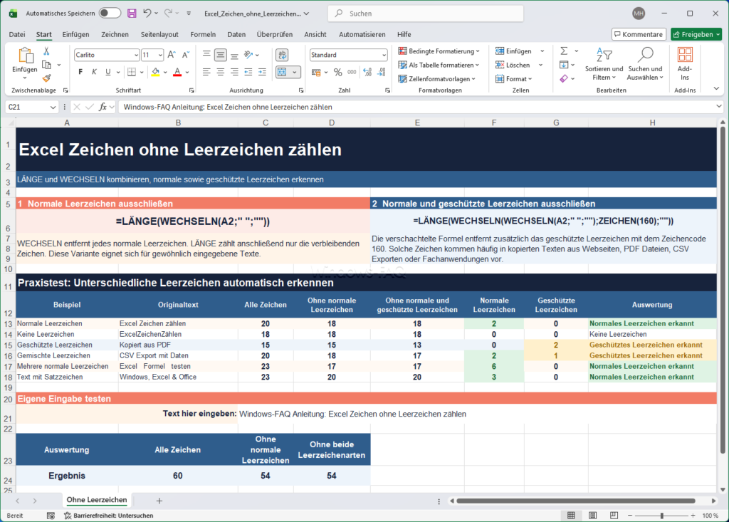 Excel Zeichen ohne Leerzeichen zählen