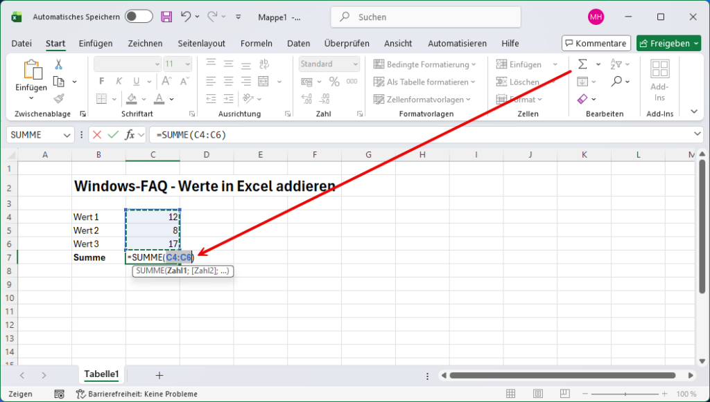 Excel addieren mit SUMME