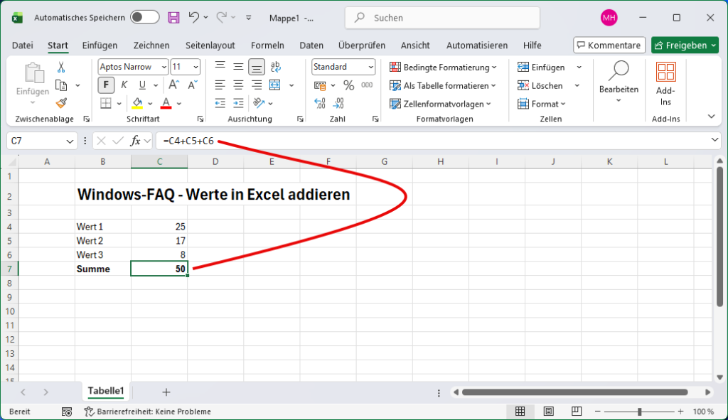 Excel addieren von Werten