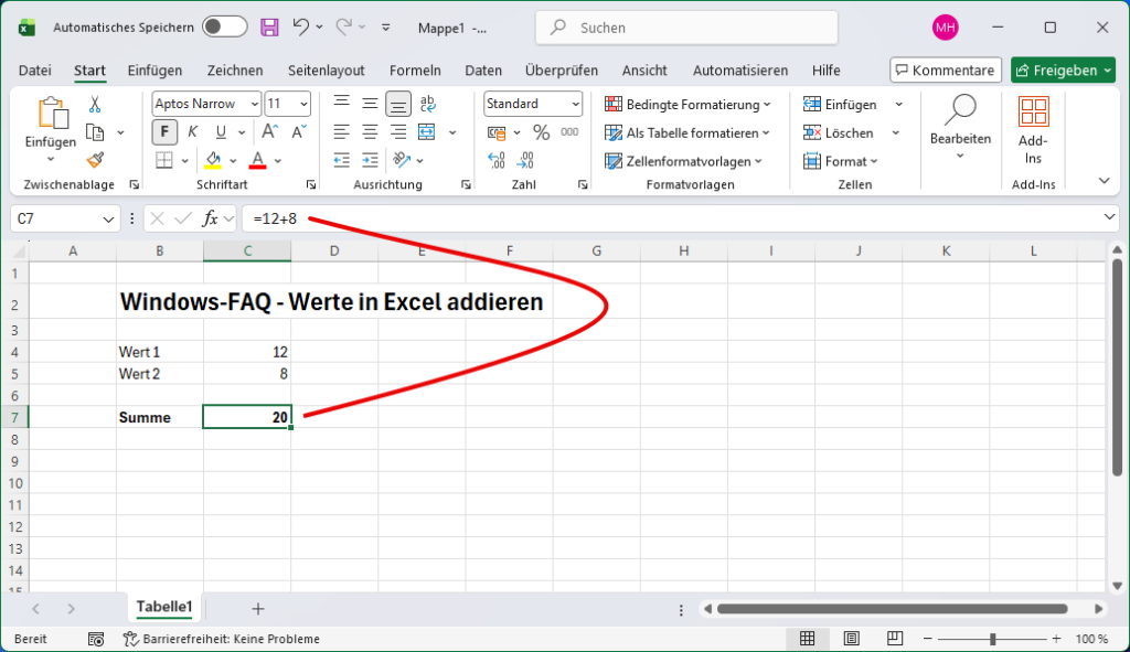 Excel addieren von Zahlen mit Plus