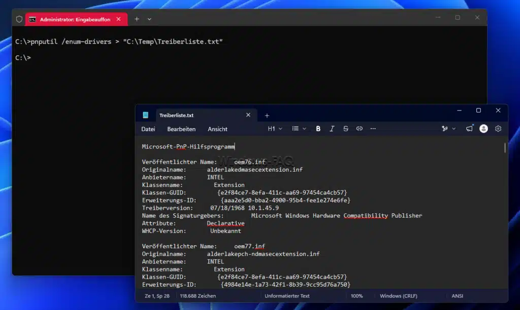 Exportierte Windows Treiberliste