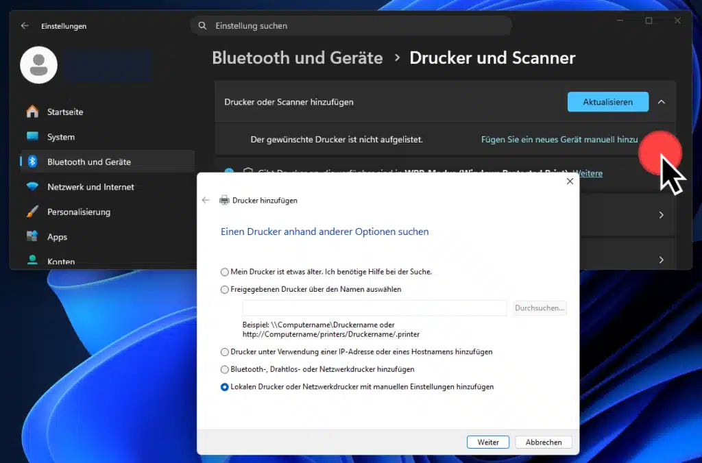 Fügen Sie ein neues Gerät manuell hinzu - Drucker installieren