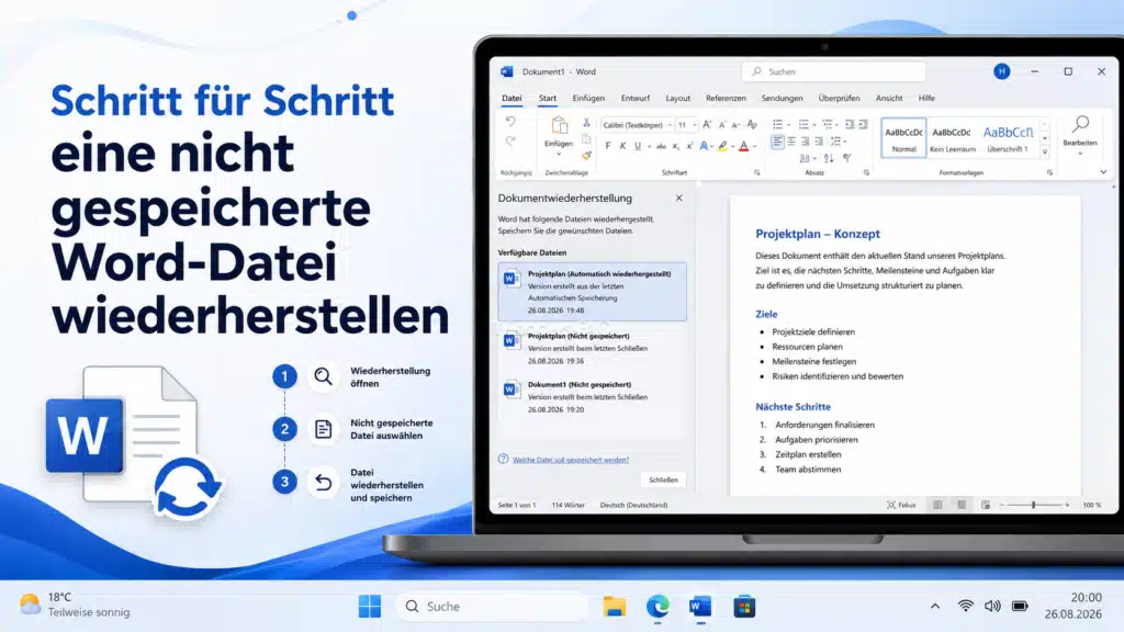 Schritt für Schritt eine nicht gespeicherte Word-Datei wiederherstellen
