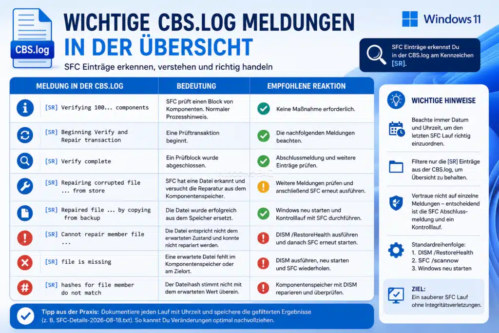 Wichtige CBS.log Meldungen in der Übersicht