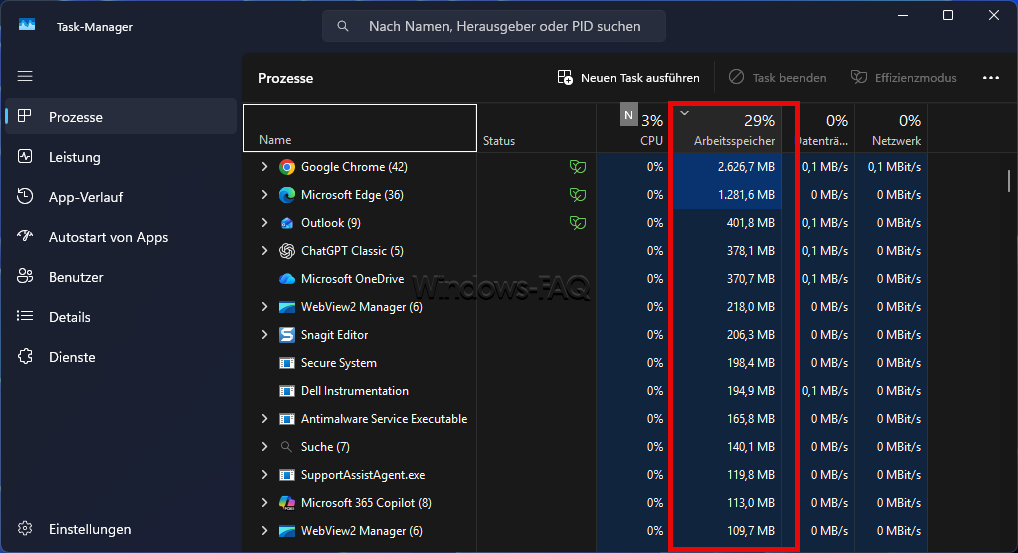 Windows Prozesse nach Arbeitsspeicher sortieren