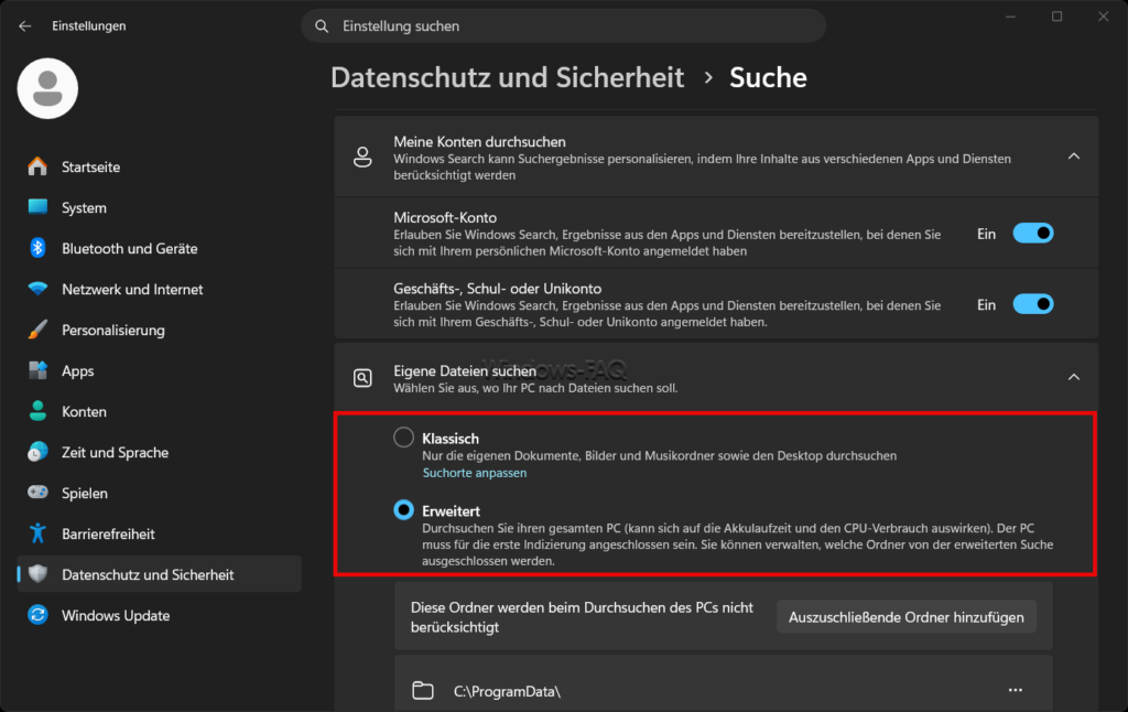 Windows Suche Einstellungen Klassisch und Erweitert