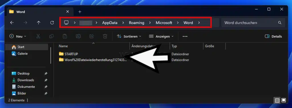 Word zwischengespeicherte Dateien im Windows Explorer