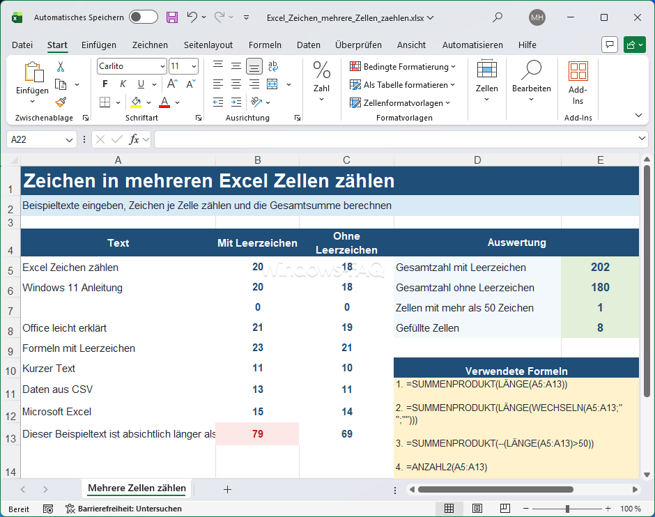 Zeichen in mehreren Excel Zellen zählen