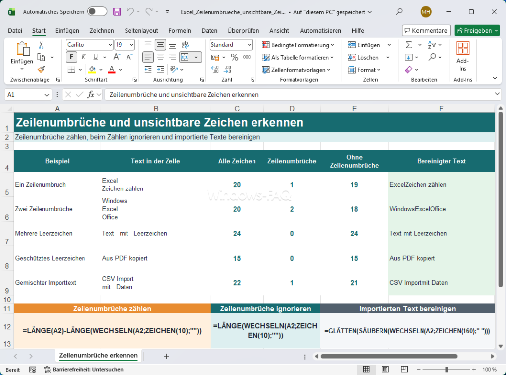 Zeilenumbrüche und unsichtbare Zeichen erkennen