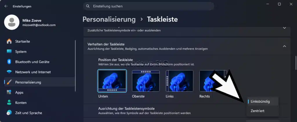 Ausrichtung der Taskleiste und der Symbole an den linken Rand der Taskleiste