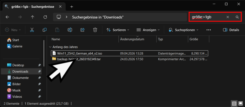 Dateien größer 1GB finden im Windows Explorer
