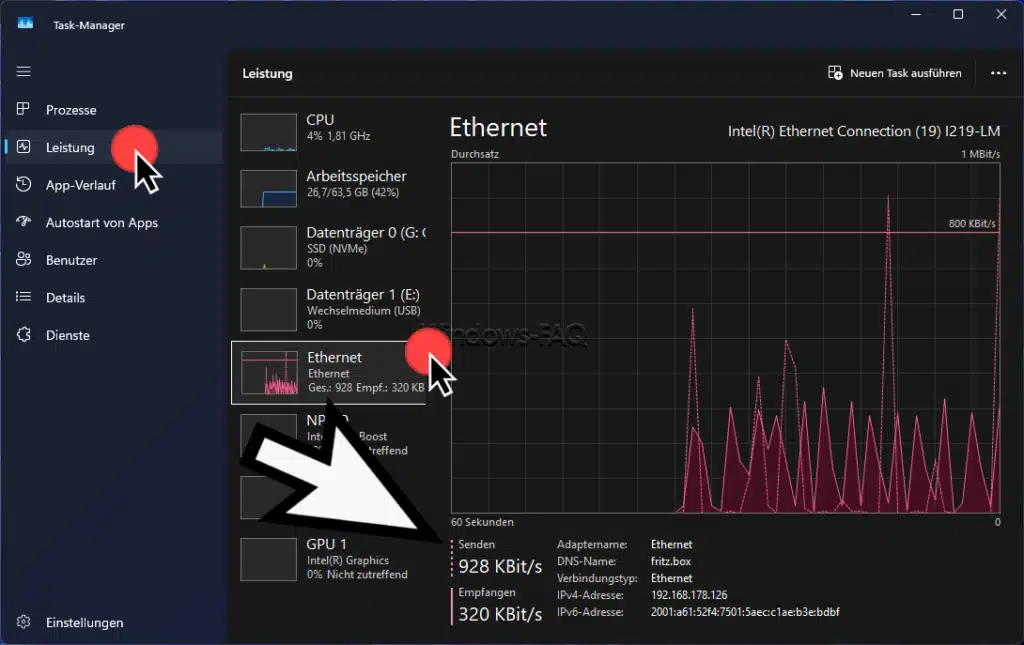 Task-Manager Senden und Empfangen unter Leitung und dem Netzwerkadapter