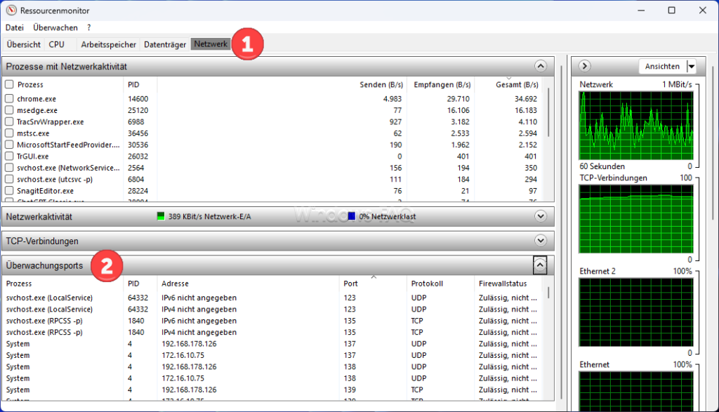 Überwachungsports im Windows Task-Manager