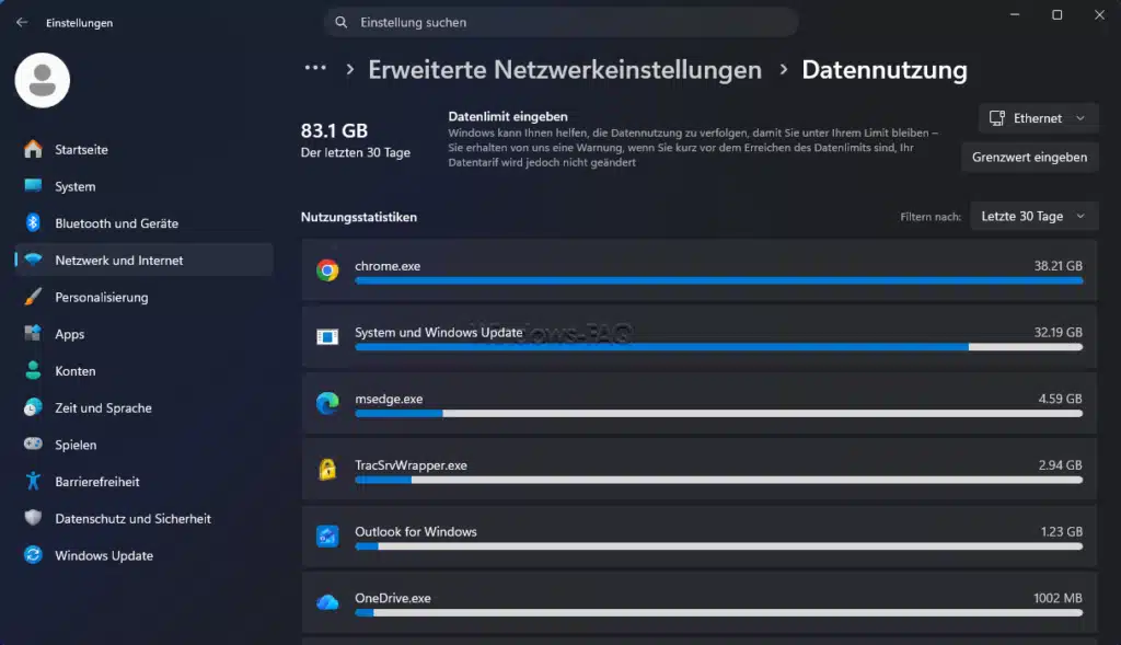 Windows Einstellungen - Netzwerk und Internet - Erweiterte Netzwerkeinstellungen - Datennutzung