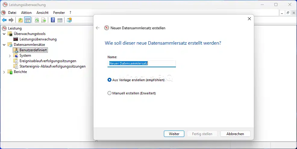 Windows Leistungsüberwachung neuen Datensammlersatz erstellen zur Überwachung des Netzwerk-Traffics