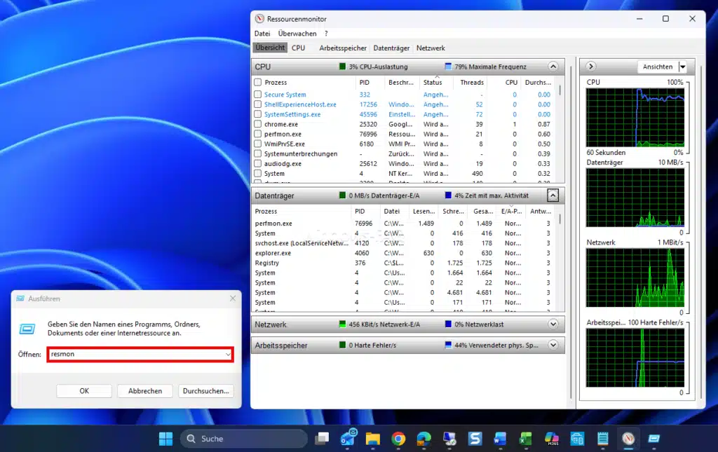 Windows Ressourcenmonitor aufrufen mit RESMON über den Ausführen Dialog