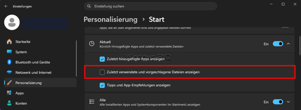Zuletzt verwendete und vorgeschlagene Dateien anzeigen im Windows Startmenü