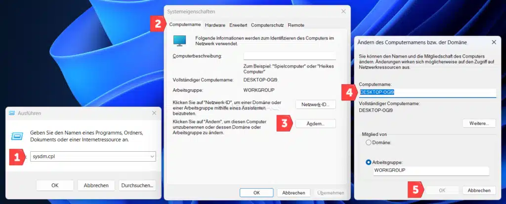 Computername ändern über sysdm.cpl