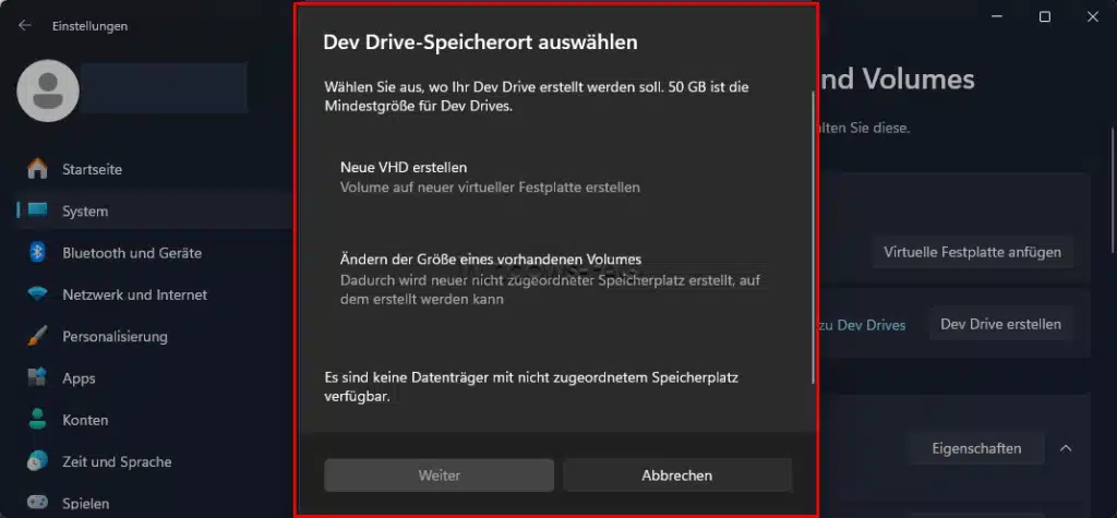 Dev Drive Speicherort auswählen