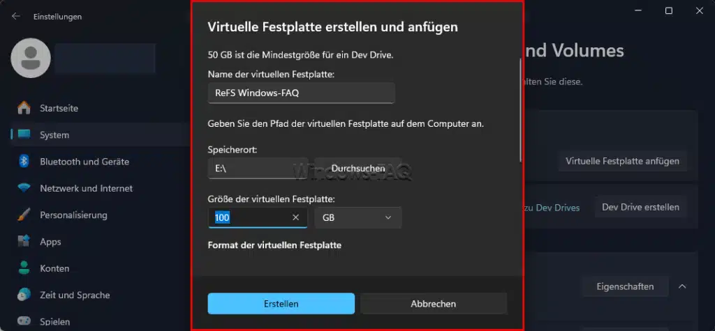 Dev Drive als virtuelle Festplatte erstellen und anfügen