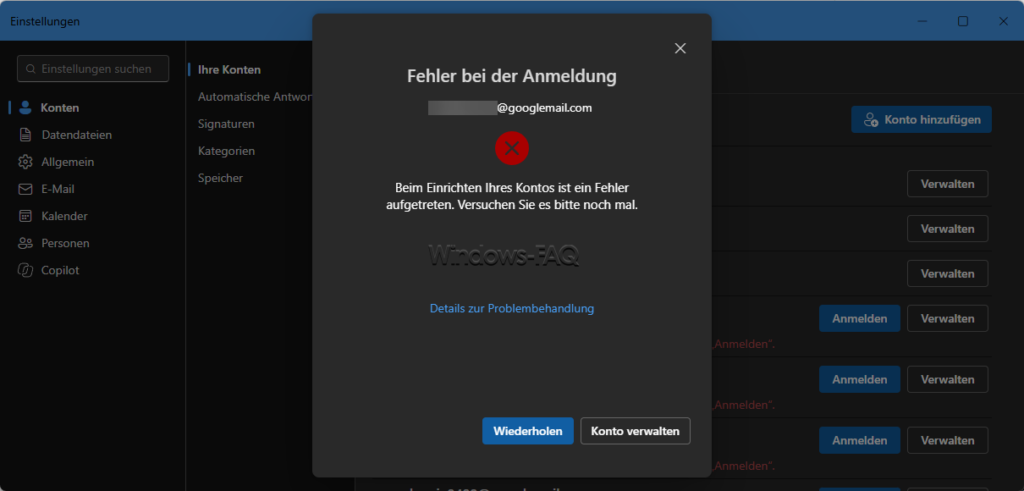Fehler bei der Anmeldung mit dem GMAIL Konto