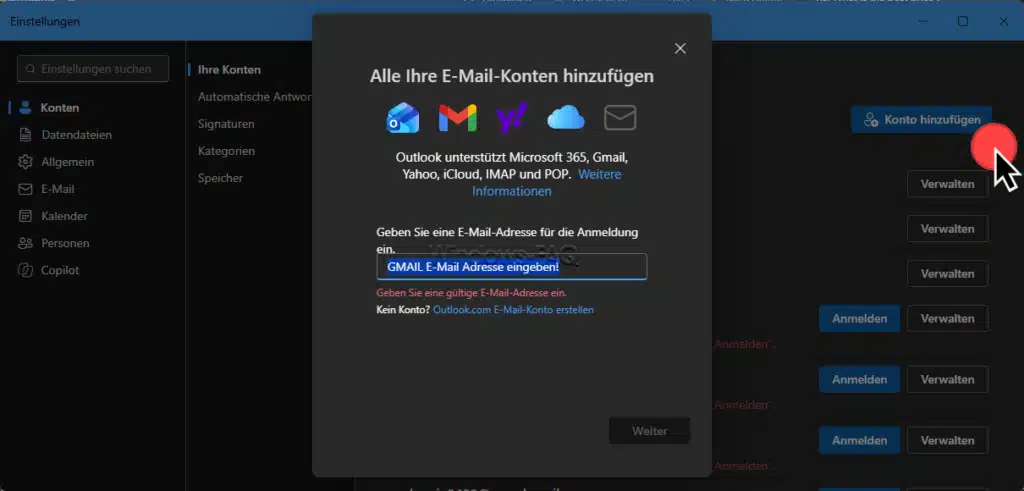 GMail E-Mail Adresse eingeben bei Konto hinzufügen im neuen Outlook NEW