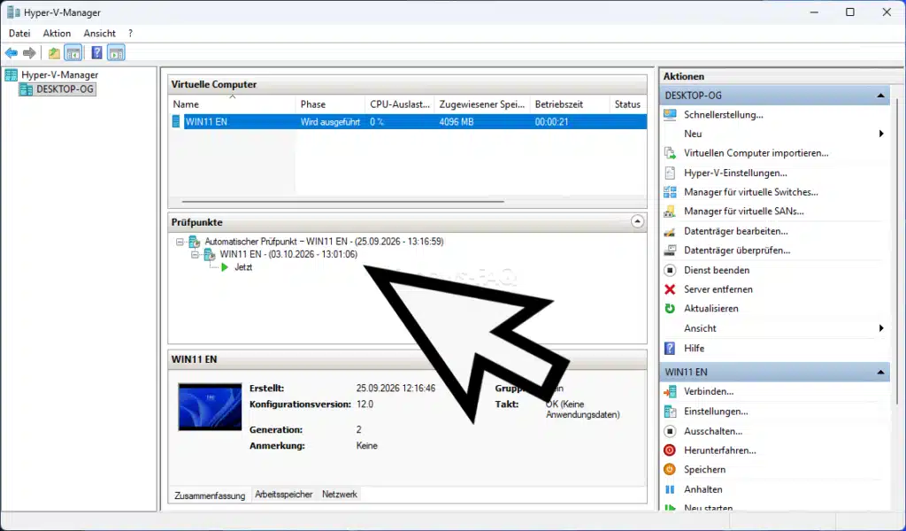 Hyper-V Prüfpunkt einer VM im Hyper-V Manager