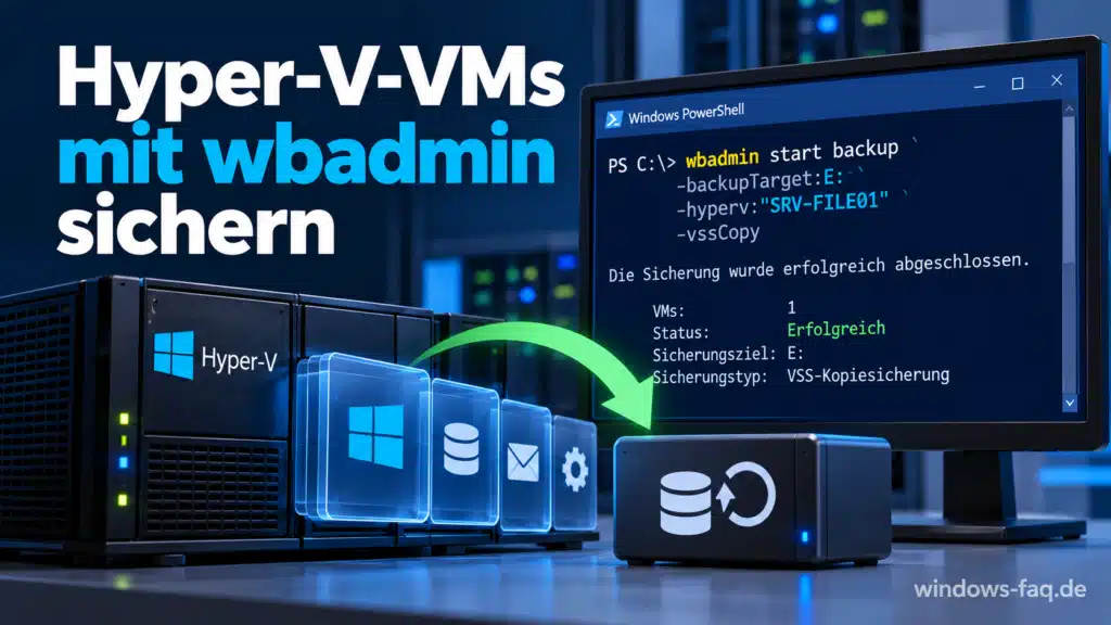 <h2>Hyper-V-VMs mit wbadmin sichern</h2>
<p>Mit dem Windows-Befehlszeilenprogramm wbadmin kannst Du Sicherungen Deiner Hyper-V-Umgebung erstellen und automatisieren. Dabei ist wichtig, zwischen einer einmaligen Sicherung und einem regelmäßigen Sicherungsauftrag zu unterscheiden.</p>
<p>Für die gezielte Sicherung bestimmter virtueller Maschinen verwendest Du den Parameter -hyperv in Verbindung mit wbadmin enable backup. Dieser Befehl richtet einen regelmäßigen Sicherungsauftrag ein. Mit wbadmin start backup kannst Du diesen anschließend auch manuell ausführen.</p>
<p>Die folgenden Beispiele beziehen sich auf Windows Server 2022 und Windows Server 2025 mit installierter Windows Server-Sicherung. Die Befehle werden in einer Eingabeaufforderung mit Administratorrechten ausgeführt. Unter Windows 11 steht nicht derselbe Funktionsumfang für die Hyper-V-Sicherung zur Verfügung.</p>
<h3>Eine einzelne Hyper-V-VM mit wbadmin sichern</h3>
<p>Im ersten Beispiel möchtest Du die virtuelle Maschine SRV-FILE01 täglich um 22 Uhr auf dem Sicherungslaufwerk E: sichern.</p>
<p>Wichtig: Das Sicherungsziel E: muss ein dafür vorgesehenes Laufwerk sein. Bei der Einrichtung eines dedizierten Sicherungsdatenträgers kann Windows Server Backup den Datenträger formatieren und vorhandene Daten löschen. Verwende den folgenden Befehl deshalb nicht ungeprüft auf einem Laufwerk mit wichtigen Daten.</p>
<pre><code>wbadmin enable backup -addtarget:E: -schedule:22:00 -hyperv:SRV-FILE01 -vssCopy</code></pre>
<p>Der Befehl richtet einen täglichen Sicherungsauftrag für die angegebene Hyper-V-VM ein. Der Parameter -vssCopy sorgt dafür, dass eine VSS-Kopiesicherung angefordert wird, ohne den Sicherungsverlauf anderer Anwendungen zu verändern.</p>
<p>Wenn Du die eingerichtete Sicherung unmittelbar starten möchtest, kannst Du folgenden Befehl verwenden:</p>
<pre><code>wbadmin start backup</code></pre>
<p>Ohne zusätzliche Parameter verwendet wbadmin die bereits eingerichteten Sicherungseinstellungen. Damit wird der geplante Sicherungsauftrag sofort ausgeführt, ohne dass Du auf 22 Uhr warten musst.</p>
<h3>Mehrere Hyper-V-VMs mit wbadmin sichern</h3>
<p>Wenn Du mehrere virtuelle Maschinen gleichzeitig sichern möchtest, kannst Du deren Namen durch Kommas getrennt angeben. Im folgenden Beispiel werden die beiden Hyper-V-VMs SRV-FILE01 und SRV-APP01 täglich um 22 Uhr gesichert.</p>
<pre><code>wbadmin enable backup -addtarget:E: -schedule:22:00 -hyperv:SRV-FILE01,SRV-APP01 -vssCopy</code></pre>
<p>Auch hier ist E: ein dediziertes Sicherungsziel, dessen vorhandene Daten vor der Einrichtung unbedingt berücksichtigt werden müssen. Die beiden Befehle für eine beziehungsweise zwei VMs sind alternative Konfigurationen und sollten nicht nacheinander als unabhängige Sicherungsaufträge ausgeführt werden.</p>
<p>Falls bereits ein Sicherungszeitplan auf dem Server vorhanden ist, kann wbadmin enable backup dessen Konfiguration verändern. Deshalb solltest Du vor einer Änderung zunächst die vorhandenen Einstellungen anzeigen lassen.</p>
<pre><code>wbadmin enable backup</code></pre>
<p>Nach der Einrichtung lässt sich die geplante Sicherung ebenfalls mit wbadmin start backup sofort auslösen. Bei der VM-Auswahl müssen die angegebenen Namen oder Kennungen den tatsächlich registrierten Hyper-V-Komponenten entsprechen.</p>
<h3>Hyper-V-VM auf eine Netzwerkfreigabe sichern</h3>
<p>Anstelle eines lokalen Sicherungsdatenträgers kannst Du ein freigegebenes Verzeichnis auf einem anderen Server verwenden. Im folgenden Beispiel wird die virtuelle Maschine SRV-FILE01 täglich um 22 Uhr auf der Netzwerkfreigabe \\BACKUP01\HyperV\HV01 gesichert.</p>
<pre><code>wbadmin enable backup -addtarget:\\BACKUP01\HyperV\HV01 -schedule:22:00 -hyperv:SRV-FILE01 -vssCopy</code></pre>
<p>Der Zielordner muss bereits existieren und vom Hyper-V-Host erreichbar sein. Außerdem benötigt das verwendete Konto die erforderlichen Schreibberechtigungen. Bei Bedarf unterstützt wbadmin zusätzliche Parameter zur Angabe von Zugangsdaten. Kennwörter sollten jedoch nicht ungeschützt in Skripten hinterlegt werden.</p>
<p>Ein wichtiger Unterschied zur Sicherung auf lokalen Datenträgern betrifft die Aufbewahrung. Wenn derselbe Server wiederholt in denselben Netzwerkordner gesichert wird, kann die vorherige Sicherung überschrieben werden. Für mehrere Wiederherstellungspunkte brauchst Du daher eine geeignete Rotation oder eine zusätzliche Sicherungslösung.</p>
<h3>Einmalige Sicherung mit wbadmin start backup erstellen</h3>
<p>Wenn Du keine regelmäßige Sicherung einrichten möchtest, kannst Du mit wbadmin start backup auch eine einzelne Sicherung bestimmter Verzeichnisse oder Volumes erstellen.</p>
<p>Im folgenden Beispiel wird das komplette Laufwerk D: auf dem Sicherungslaufwerk E: gesichert.</p>
<pre><code>wbadmin start backup -backupTarget:E: -include:D: -vssCopy</code></pre>
<p>Dieser Befehl erstellt eine Volume-Sicherung. Er eignet sich beispielsweise dann, wenn alle relevanten Hyper-V-Dateien auf D: liegen. Allerdings ist dies nicht gleichbedeutend mit einer gezielten Auswahl einzelner VMs über den Hyper-V-VSS-Writer. Ob eine vollständig und anwendungskonsistent wiederherstellbare VM-Sicherung entsteht, muss für die konkrete Konfiguration gesondert überprüft werden.</p>
<p>Mehrere Volumes kannst Du ebenfalls durch Kommas getrennt angeben:</p>
<pre><code>wbadmin start backup -backupTarget:E: -include:D:,F: -vssCopy</code></pre>
<p>Damit werden D: und F: in denselben Sicherungsauftrag aufgenommen. Das Zielvolume E: darf nicht Bestandteil der zu sichernden Volumes sein. Der Sicherungsumfang ist besonders wichtig, wenn die Konfiguration und virtuellen Festplatten einer VM auf unterschiedlichen Laufwerken gespeichert sind.</p>
<h3>WBADMIN-Sicherungen überprüfen</h3>
<p>Nach einer Sicherung solltest Du überprüfen, ob der Vorgang erfolgreich abgeschlossen wurde und ob die benötigten Sicherungsstände verfügbar sind.</p>
<p>Mit folgendem Befehl kannst Du den Status eines laufenden Sicherungsauftrags anzeigen:</p>
<pre><code>wbadmin get status</code></pre>
<p>Die vorhandenen Sicherungsversionen auf Laufwerk E: lassen sich mit diesem Befehl auflisten:</p>
<pre><code>wbadmin get versions -backupTarget:E:</code></pre>
<p>Wenn Du die vorhandenen Sicherungsstände einer Netzwerkfreigabe überprüfen möchtest, kannst Du zusätzlich das Sicherungsziel und den Computernamen angeben:</p>
<pre><code>wbadmin get versions -backupTarget:\\BACKUP01\HyperV\HV01 -machine:HV01</code></pre>
<p>Ein erfolgreich beendeter Sicherungsauftrag ist allerdings noch kein vollständiger Wiederherstellungstest. Gerade bei produktiven Hyper-V-VMs mit Datenbanken oder anderen Anwendungen sollte regelmäßig eine Wiederherstellung in einer isolierten Testumgebung erfolgen.</p>