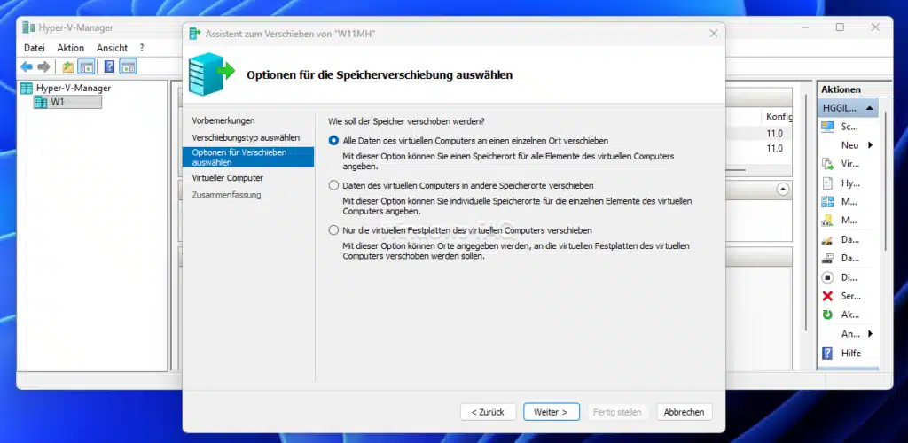 Hyper-V verschieben - Optionen für das Verschieben festlegen